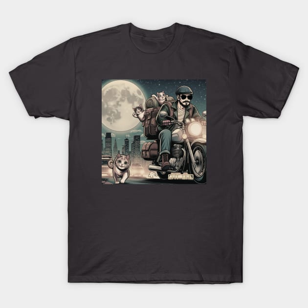 Roaming Riders: Motorbiker Cat Dad Adventure T-Shirt by DAZu